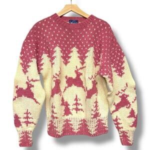 Vtg Woolrich Sweater Birdseye Deer Pine Trees Outdoors Gorpcore Wool Pink Sz L